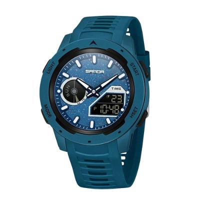 Relógio de Pulso Masculino Esportivo com Visor Duplo em Silicone Fluorescente Azul Sanda