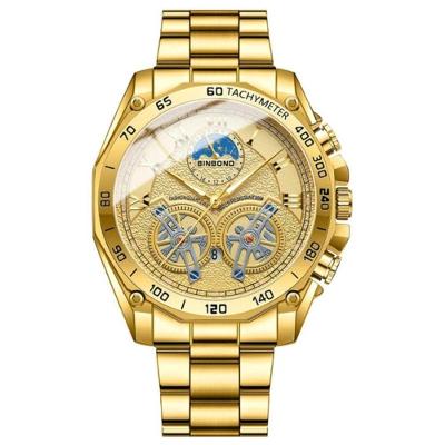 Relógio de Pulso Masculino Binbond Dourado Analógico em Aço Inox com Mostrador Decorativo