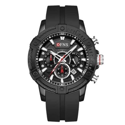 Relógio Masculino Relógio da Moda Três Olhos Seis Pinos Calendário com Pulseira Silicone Preto Ofns