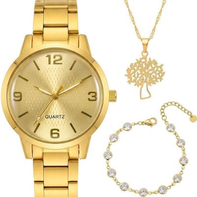 Relógio Feminino Maria Analógico Aço Inox com Kit Colar e Pulseira Dourado Orizom