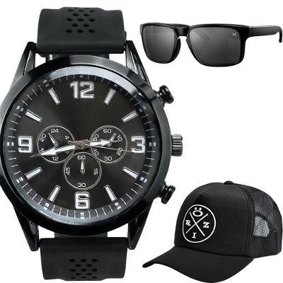 Kit Relógio Analógico Masculino + Boné + Óculos de Sol Preto Orizom Pulseira em Silicone 4,5CM