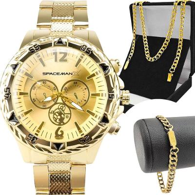 Kit Relógio Masculino Spaceman X Analógico Aço Inox Dourado Orizom com Cordão e Pulseira