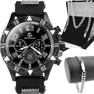 Relógio Masculino Spaceman Analógico Silicone Preto com Cordão Aço Inox Prata Orizom