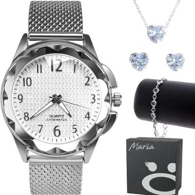 Kit Feminino Relógio Maria Analógico com Pulseira Silicone e Acessórios Aço Inoxidável Prata