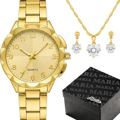Kit Relógio Feminino Maria Digital Aço Inox com Colar e Brincos Dourado Orizom