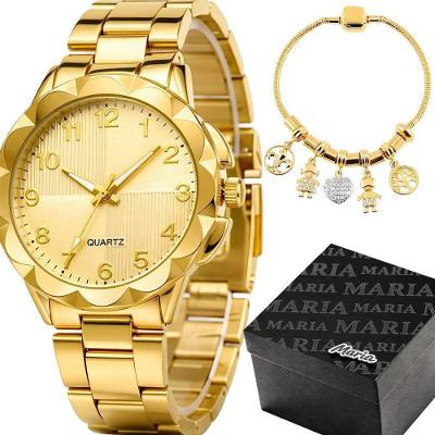 Kit Relógio Feminino Maria Analógico Aço Inox com Pulseira Dourado Orizom