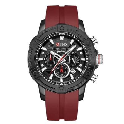 Relógio Masculino Três Olhos Seis Pinos Analógico com Pulseira Silicone à Prova D'água Vermelho Ofns