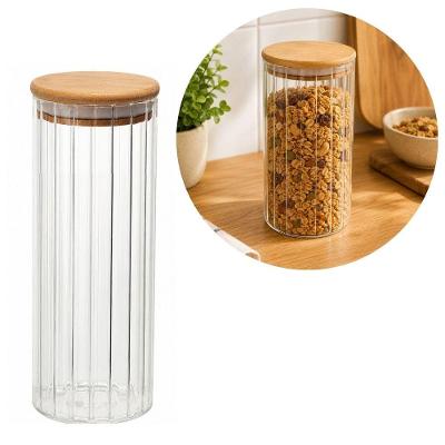 Pote Hermético Redondo Vidro Borossilicato Listrado 1100ML com Tampa de Bambu para Cozinha