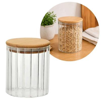 Pote Hermético Redondo Vidro Borossilicato Listrado Tampa Bambu 550ML Vedação Silicone Cozinha