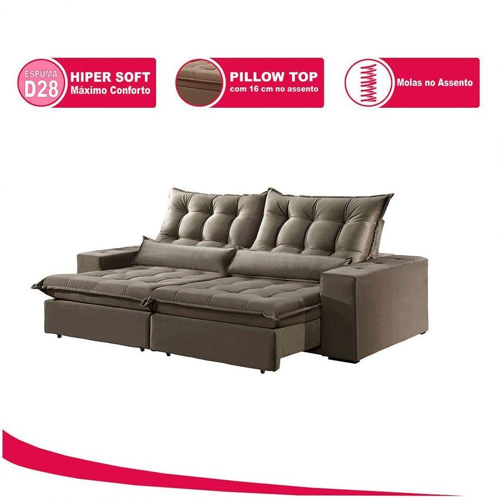 Sofá 3 Lugares Retrátil Venus 2.30m Veludo Cinza Móveis Mix Cinza - 3