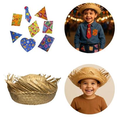 Acessório para Fantasia Junino Chapéu Desfiado em Palha e Algodão 22 cm com Remendos Bege e Colorido