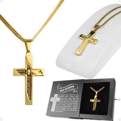 Acessório Religioso Orizom Cordão Corrente Ouro Banhada + Pingente Religião Crucifixo Aço Inox 67cm