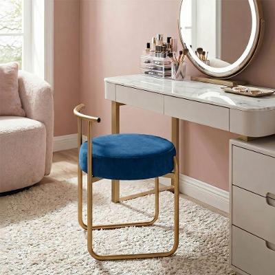 Puff Redondo Estofado com Base Aramada em Aço Metal Dourado Azul Marinho Mobília Decor