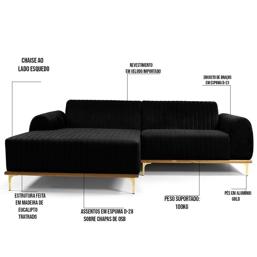 Sofá 4 Lugares Com Chaise Molino 255cm Veludo Preto C-300 - 5