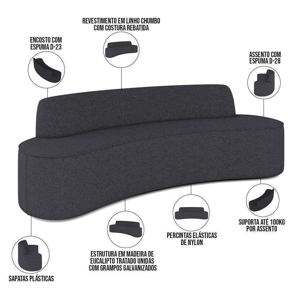 Sofá 4 Lugares Curvo Sala De Estar Living Cancún D02 Linho Chumbo 230 Cm D-465 - 7