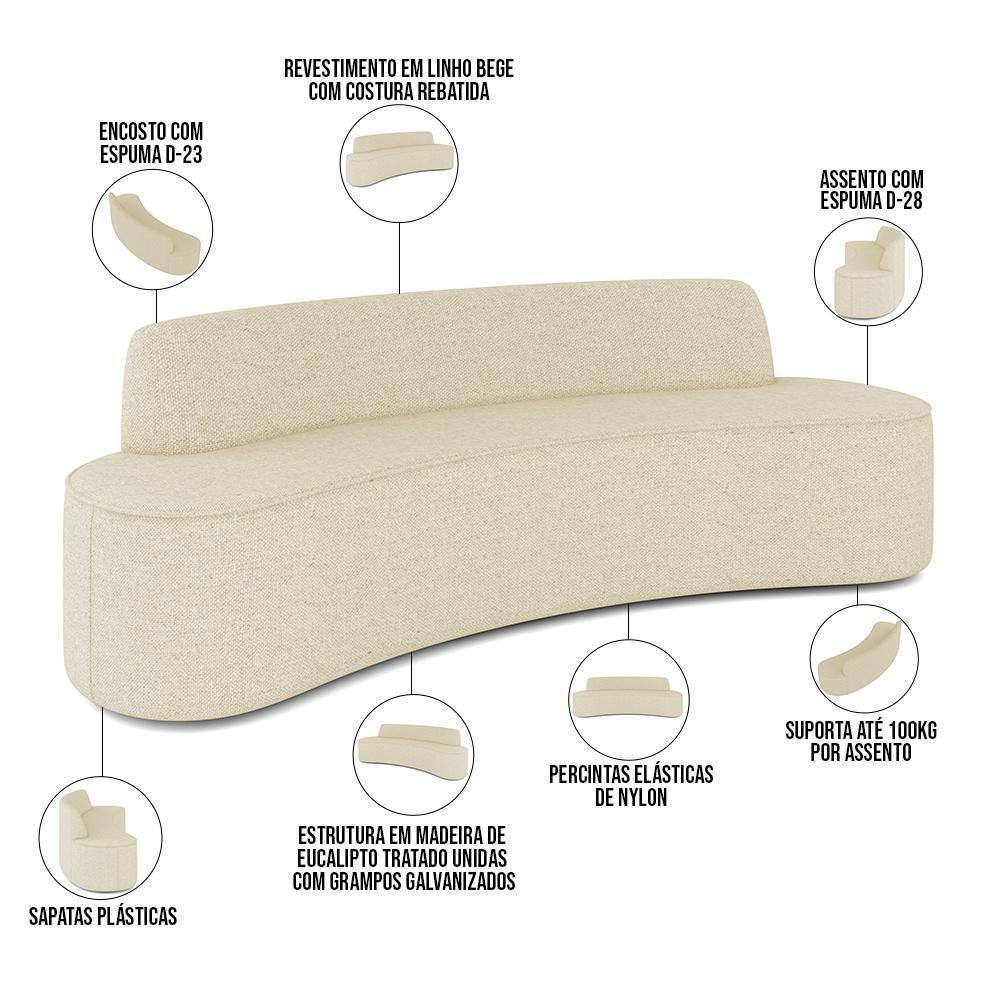 Sofá 4 Lugares Curvo Sala De Estar Living Cancún D02 Linho Bege 230 Cm D-463 - 7