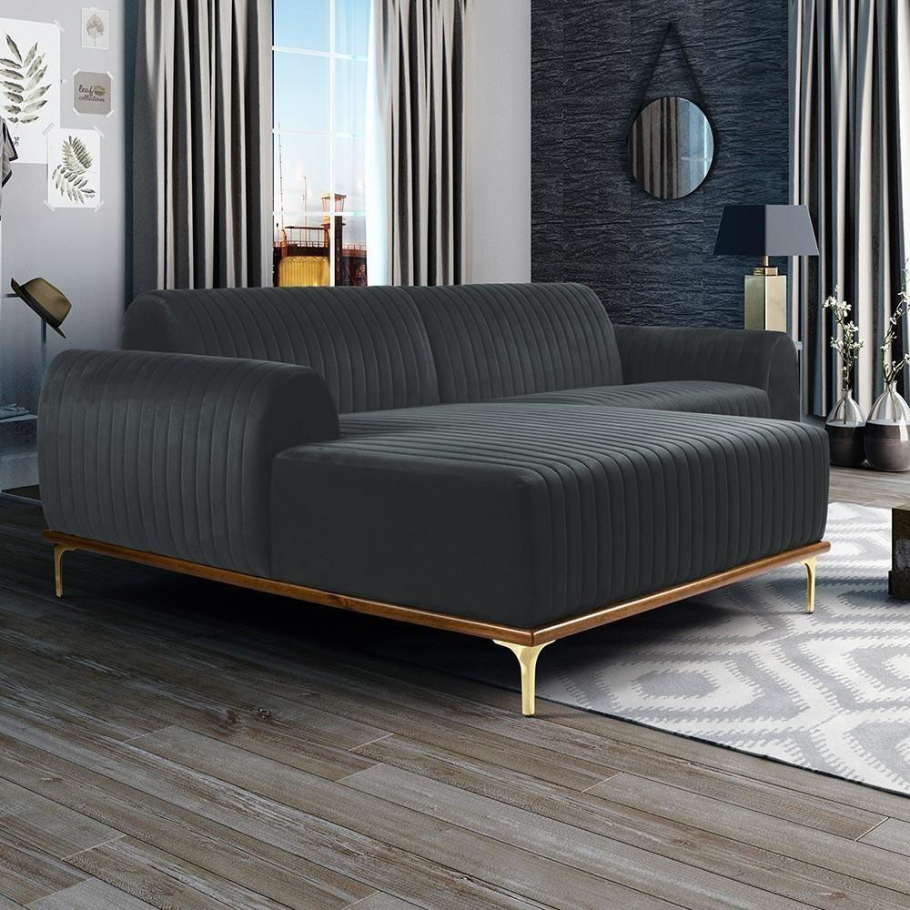 Sofá 4 Lugares Com Chaise Molino 255cm Veludo Cinza C-317 - 6