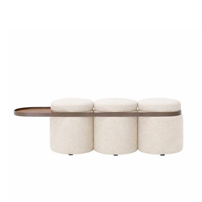 Puff Linen 3 Lugares Redondo Poliéster Bouclé Revestimento Sintético Off White com Mesa Auxiliar