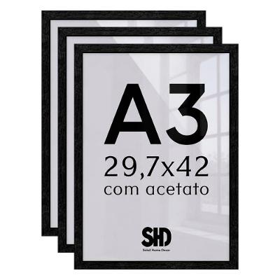 Moldura para Quadro 3 Unidades A3 Retangular 31,7x44cm MDF Parafuso Preto Mastertel
