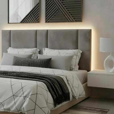 Cabeceira Queen Estofada com LED Suede Cinza Fixação na Parede MDF Vns Concept