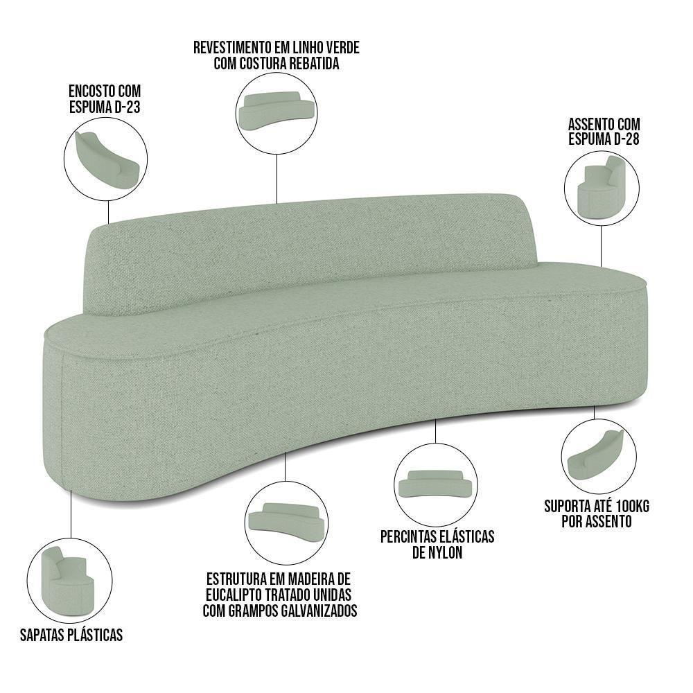 Sofá 4 Lugares Curvo Sala De Estar Living Cancún D02 Linho Verde 260 Cm D-477 - 7