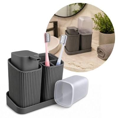Kit para Pia de Banheiro Canelado Prime Porta Sabonete e Escovas com Bandeja Polipropileno Cinza Duo