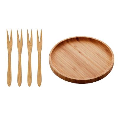 Kit Bandeja Redonda Bambu 20cm com 4 Garfos Ecokitchen Leve Resistente e Sustentável Amadeirado Lyor