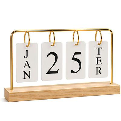 Calendário Permanente de Mesa Yeet Madeira Metal Aramado Dourado 26,9CM