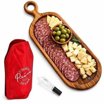 Kit Vinho KITV003 com Tábua e Cooler e Aerador em Madeira Teca para Degustação Vermelho Prana