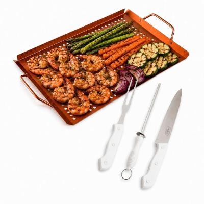 Kit Churrasco Grill&pizza Bandeja Grelha com Faca Garfo e Chaira Aço Inoxidável Prata Prana Gourmet