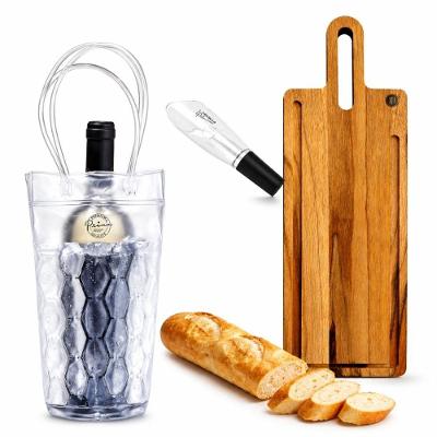 Kit Vinho KITV002 com Tábua de Corte e Cooler em Madeira Teca e Transparente para Frios e Queijos
