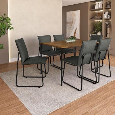 Conjunto Sala de Jantar Brooklyn 6 Lugares Tampo MDP Estrutura em Aço Preto 120CM Móveis Carraro