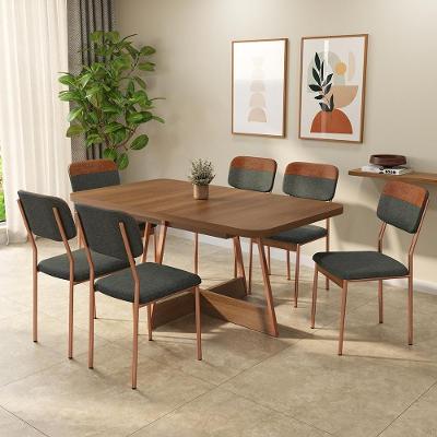 Conjunto Sala de Jantar Castellano 6 Lugares Tampo MDP Estrutura Aço Rosê 160CM Móveis Carraro