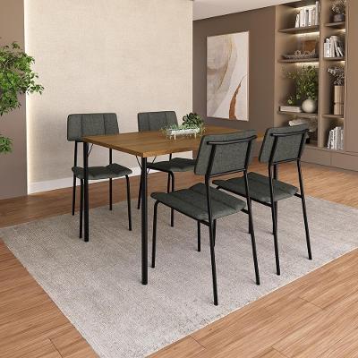 Conjunto de Jantar Riviera 4 Lugares Tampo MDP Estrutura Aço Tecidos Premium Preto 120CM Móveis