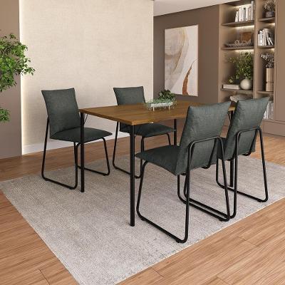 Conjunto Sala de Jantar Brooklyn 4 Lugares Tampo MDP Estrutura Aço Freijó Preto 120CM Móveis Carraro