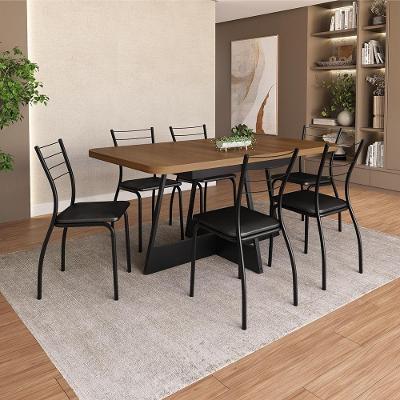 Conjunto Sala de Jantar Argo 6 Lugares Tampo MDP Cadeiras Napa Preto 160CM Móveis Carraro