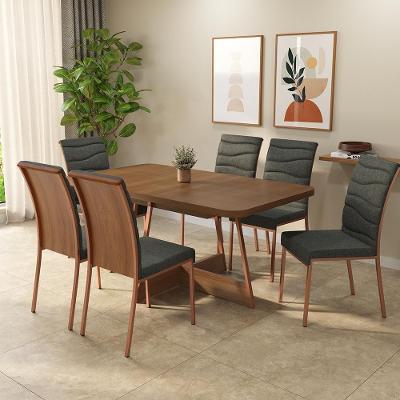 Conjunto Sala de Jantar Roses 6 Lugares Tampo MDP e Cadeiras em Aço Rosê 160CM Móveis Carraro