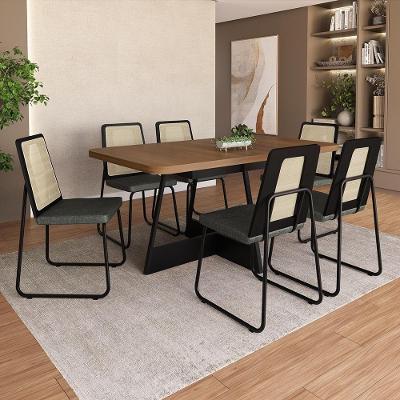Conjunto Sala de Jantar Malu 6 Lugares Tampo MDP Estrutura Aço Preto 160CM Móveis Carraro