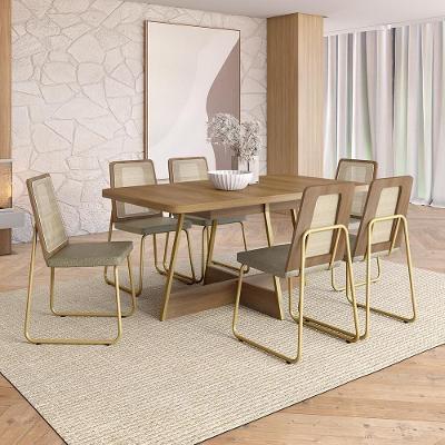 Conjunto Sala de Jantar Malu 6 Lugares Tampo MDP Estrutura Aço Dourado 160CM Móveis Carraro