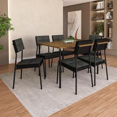 Conjunto Sala de Jantar Pisa 6 Lugares Tampo MDP Estrutura Aço Preto 120CM Móveis Carraro