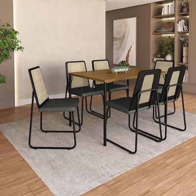 Conjunto de Sala de Jantar Bulgaria 6 Lugares Tampo MDP Cadeiras Tecidos Premium Preto 120CM Móveis