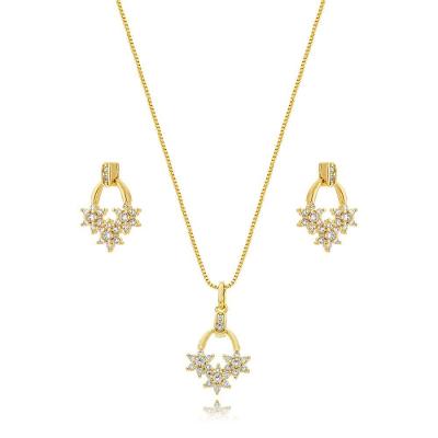 Conjunto Colar e Brincos Atraktiva Jóias Minimalista Tres Flores Cristais Semijoias 45cm Dourado