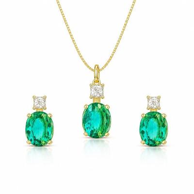 Conjunto Colar e Brincos Atraktiva Jóias Zircônio Oval Semijoia Banhada a Ouro 18k Dourado Feminino