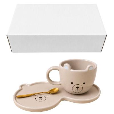 Caneca LH867 com Pires e Colher de Cerâmica Design de Ursinho Ideal para Presente Marrom Home