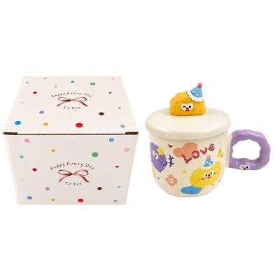 Caneca Happy de Cerâmica com Tampa Design Divertido para Presente Roxo Lila Home 350ML