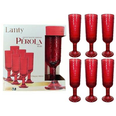 Jogo de Taças Pérola Rubi para Champanhe Vidro Acabamento em Relevo para Jantar Bebidas Vermelho Ke