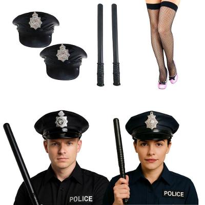 Kit Fantasia Policial Casal com Quepe em Vinil e Cassetete e Meia Arrastão Preto