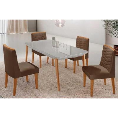 Conjunto Mesa Jantar Havana Curvo 4 Lugares Tampo MDF Cadeiras Suede Marrom 120CM Móveis Rufato