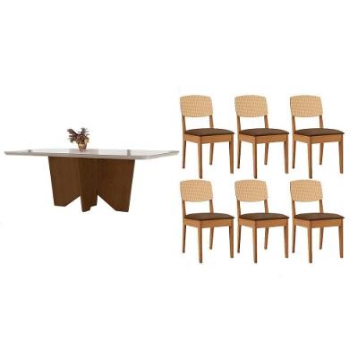 Conjunto Mesa de Jantar Nevada Curvo 6 Lugares Tampo Vidro Fosco Cadeiras Havana Suede Marrom 180CM