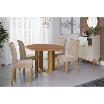 Conjunto Mesa de Jantar Flora 4 Lugares Tampo MDF Madeirado Carvalho Suede Nude Bege 109CM Cimol